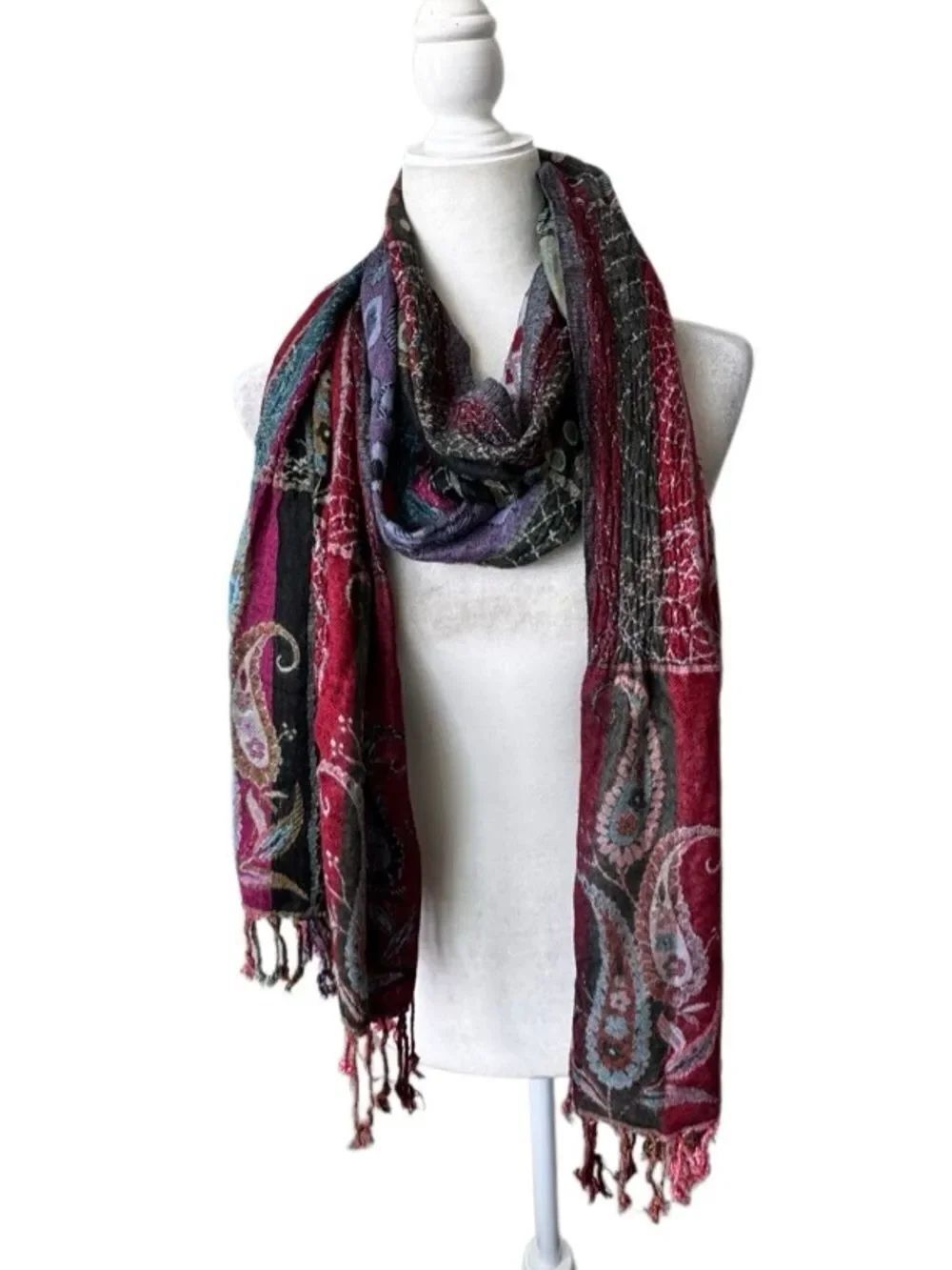 Womens Bohemian Whimsygoth Textured Scarf Fringed Long Purple Burgundy